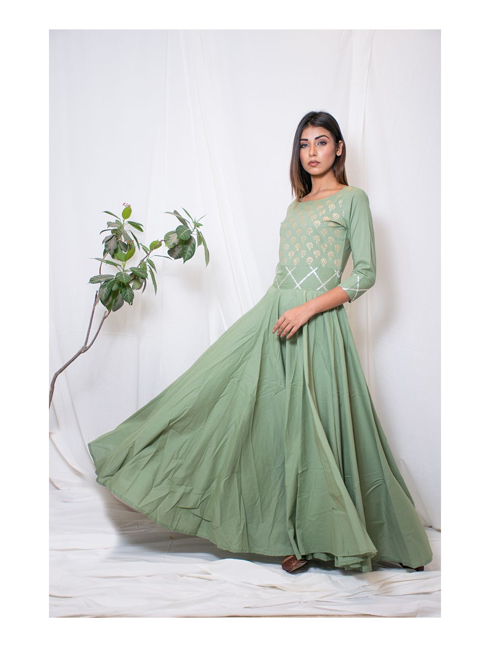 Designer Dark Mehendi Green Net Embroidery Ethnic Gown For W